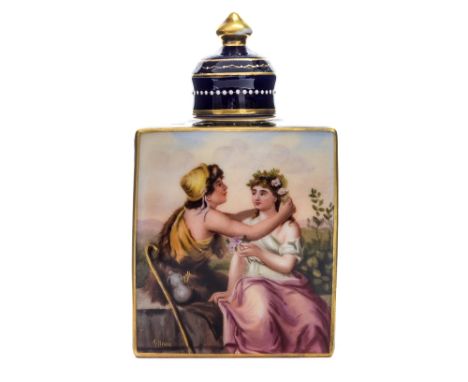 A Vienna porcelain tea caddy, cobalt blue with raised gilt foliate decoration and an allegorical scene 'die letzten blumen', 