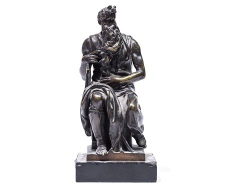 After Michaelangelo, a 19th Century French bronze figure of Moses, all-over natural patina, unsigned, mounted on a slate plin