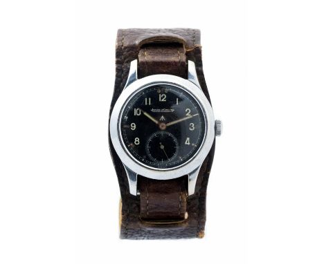 Jaeger Le Coultre, a military issue waterproof Jaeger Le Coultre wristwatch, 3cm circular black illuminous dial with broad ar
