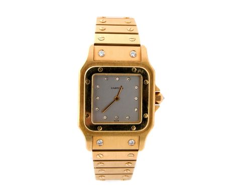 Cartier, a circa 1980 18ct gold Cartier Santos wristwatch, 3cm square silvered dial with diamond numerals, diamond set crown,