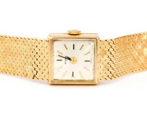 Rolex Tudor, a ladies 1960's 9ct gold Tudor Rolex wristwatch, 1.5cm square champagne dial with baton numerals, integral textu