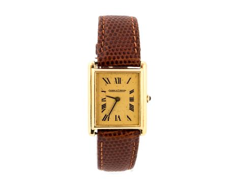 Jaeger Le Coultre, a gents Jaeger Le Coultre 18ct gold wristwatch, 2cm rectangular gilt dial with Roman numerals, tigers eye 