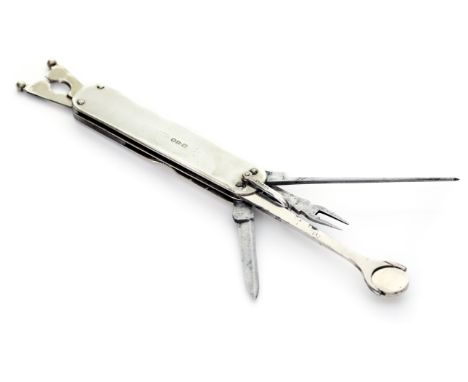A Victorian silver combinaton penknife pipe tool, including pipe cleaner, tamper, cigar cutter, fork and blade, Saunders and 