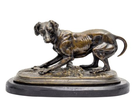 Pierre Jules Mene, a late 19th Century bronze model of a crouching dog, oval plinth, all-over brown patina signed, height 13c