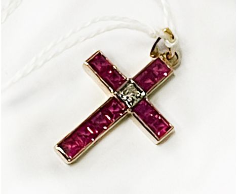 18CT HOLD HALLMARKED CROSS WITH RUBY &amp; DIAMONDS