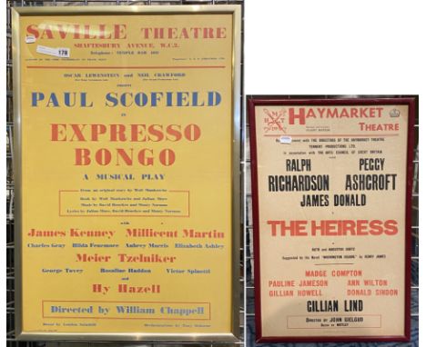 2 THEATRE POSTERS ''THE HEIRESS'' WITH RALPH RICHARDSON PEGGY ASHCROFT &amp; EXPRESSO BONGO: PAUL SCHOFIELD