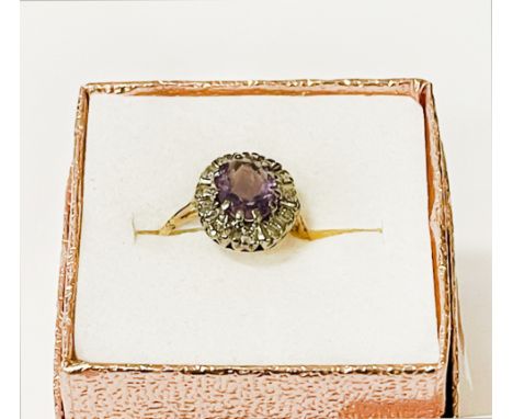 18CT GOLD AMETHYST &amp; DIAMOND RING 3.6 GRAMS APPROX