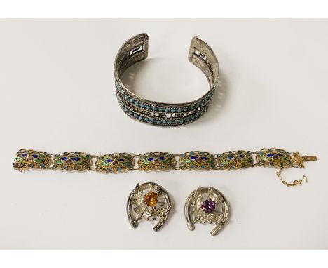 SILVER GILT &amp; ENAMEL BRACELET &amp; 3 OTHER SILVER ITEMS
