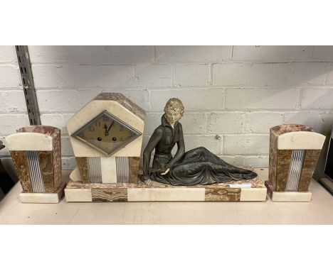 ART DECO MANTLE CLOCK WITH WOMAN &amp; GARNITURE