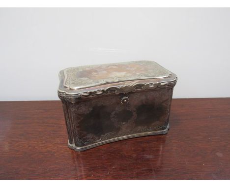 A silver plate twin compartment tea caddy with scrolling acanthus detail, 11cm x 18cm x 12cm 