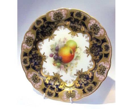 Royal Worcester cabinet plate painted by R Seabright apples and black berries, blue and gilt border 23cm diameter 