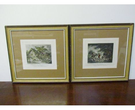 After G MORLAND engraved by E Bell, four framed and glazed coloured etchings fox hunting 23.5cm x 27cm