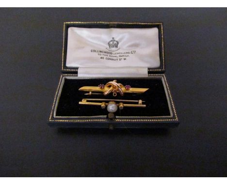A 15ct gold bar brooch and diamond and pearl bar brooch 