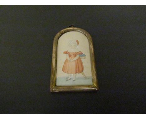 A late 18th early 19th Century miniature portrait of young girl in gilt domed frame, 11cm long