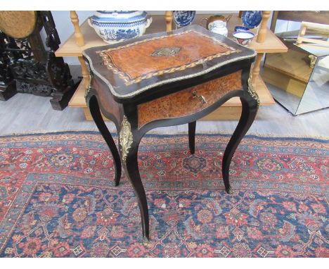 A French rosewood and burr walnut bijouterie table mother-of-pearl inlay brass mounts to slender cabriole legs, 69.5cm x 46cm