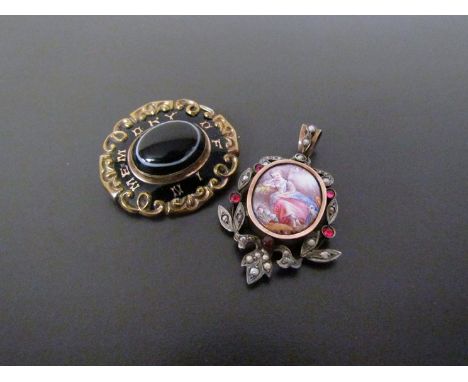 A Victorian memoriam brooch and seed pearl encrusted pendant with central ceramic panel (2) 
