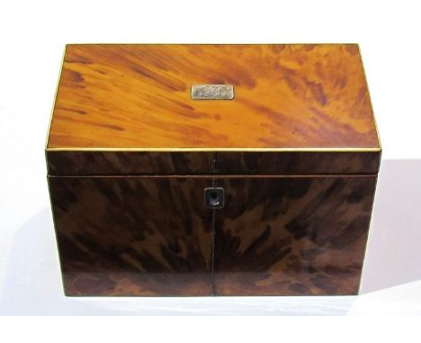 A 19th Century tortoiseshell tea caddy with twin compartments, 11cm x 17cm x 9.5cm