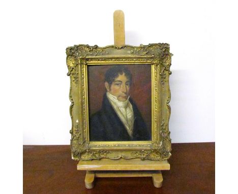 A late 18th early 19th Century portrait of a gentleman oil on board, split. 24cm x 20cm