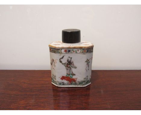 A late 18th Century Chinese ceramic tea caddy with hand painted figures riding variety of sea creatures, wood top (cracked) c