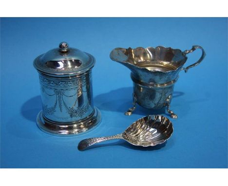 Silver caddy spoon, cream jug and pot