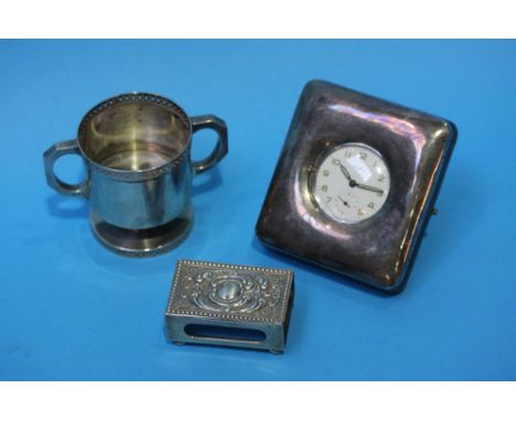 Silver mounted clock case, a match box holder etc