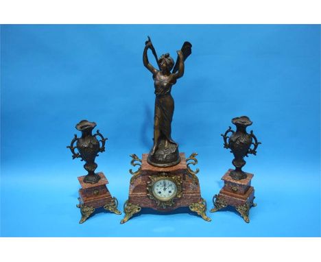 A 19th Century French Spelter and marble clock garniture, the clock surmounted with female figure in the Art Noveau manner, s