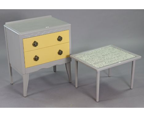 A Lebus light grey &amp; yellow painted small chest fitted two long graduated drawers, &amp; on short legs, 24” wide x 28” hi