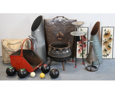Three sets of Lignum Vitae lawn bowls; a vintage smoker’s companion; a firescreen; &amp; sundry other items.