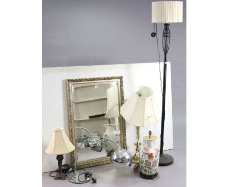 A gilt frame rectangular wall mirror, 37” x 25”; together with a standard lamp, &amp; four table lamps.