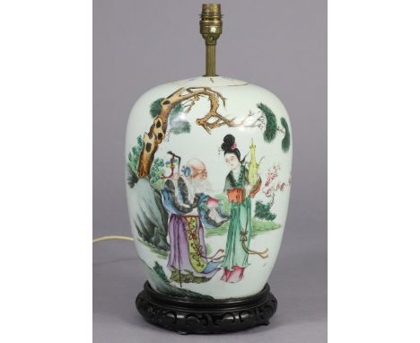 A 20th century Chinese porcelain ovoid vase &amp; cover forming a table lamp, with famille rose figure scene &amp; painted ca