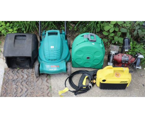 A Bosch “Rotak 320” electric lawnmower; a Karcher “K.275” power-washer; a Rexon 240V disc-grinder; &amp; a Hoselock garden re