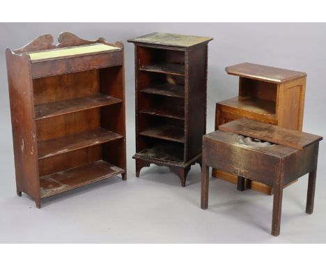 A 19th century oak box-commode (lacking liner), 21¾” wide; together with two small standing open bookcases; &amp; a bedside c