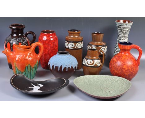 A great collection of original mid 20th Century West German Fat Lava studio art pottery vases and plates comprising a Scheuri