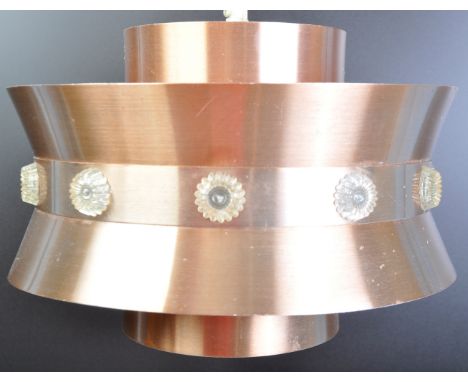 A retro vintage 20th Century Danish style UFO space age copper ceiling light in the manner of Lakro having a double conical s