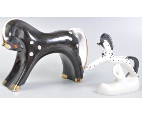 Lomonosov &amp;&nbsp;Koresten - USSR Porcelain - Two retro vintage 20th Century stylised porcelain horse figurines comrising 