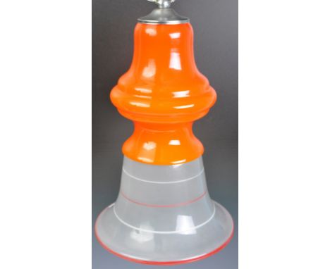 A retro vintage 1960's French orange glass ceiling light pendant lamp fixture chandelier comprising of a bulbous and ribbed v
