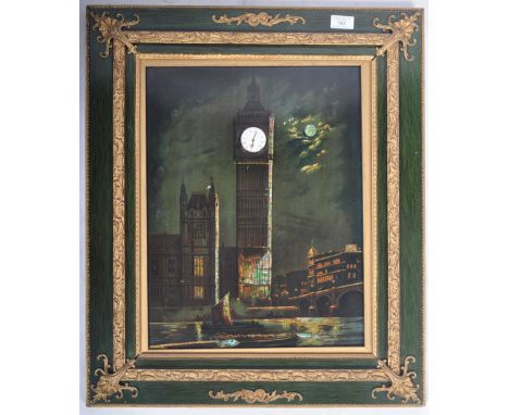 An unusual 20th Century English lacquered print painting wall clock depicting Big Ben and the Houses Of Parliament on the Riv