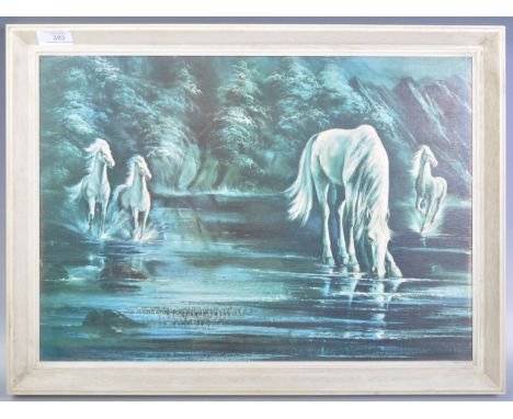 A retro vintage 1960's print by Palmero depicting a group of four wild white shire horses in mystical lake scene. Set to a wh