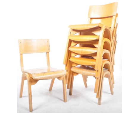 A set of six retro vintage 1950's bentwood / beech school / village hall stacking chairs / dining chairs having shaped back r