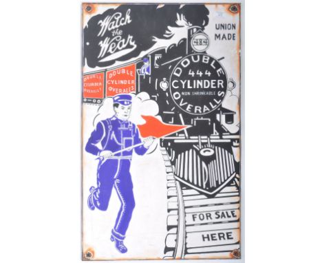 Double Cylinder Overalls - a 20th century oil on board painting artist's impression of a traditional vintage advertising enam