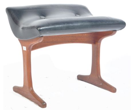 A retro vintage 1960's leather and teak wood dressing table stool / ottoman having a shaped top seat with button back raised 