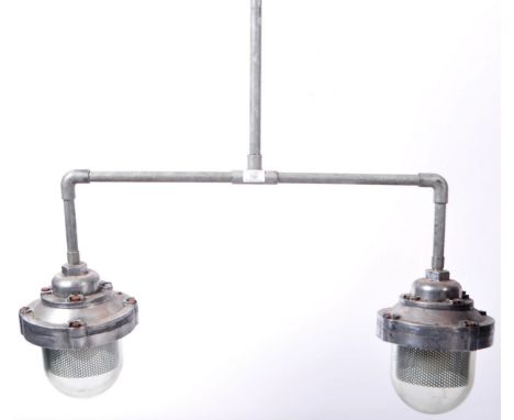 G.E.C - A good twin light retro vintage 20th Century English aluminium double bulkhead hanging ceiling light having thick dom