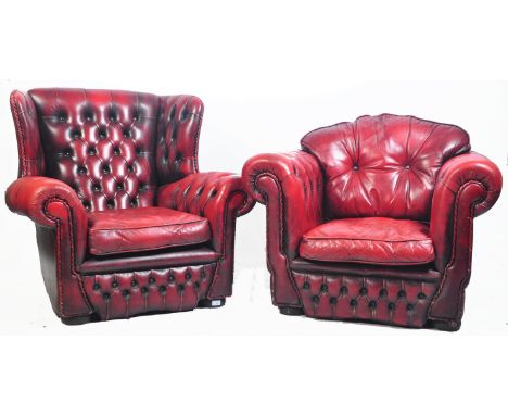 A vintage 20th Century antique style Chesterfield ' his &amp; hers ' pair of sofa settee armchairs in a deep oxblood scarlet 