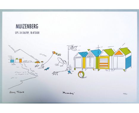 Atang Tshikare - Muizenberg - A good hand signed and numbered print of Muizenberg beach in Western Cape Town with GPS coordin