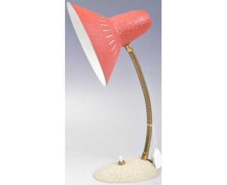 Manner of Stilnovo - Model 2249 - a retro vintage 1960s adjustable gooseneck desk lamp / light. Red textured enamel conical s