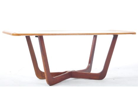 A retro vintage 20th Century teak and glass coffee table having an inset oval glass panel with teak ' Astro ' type base. Beri