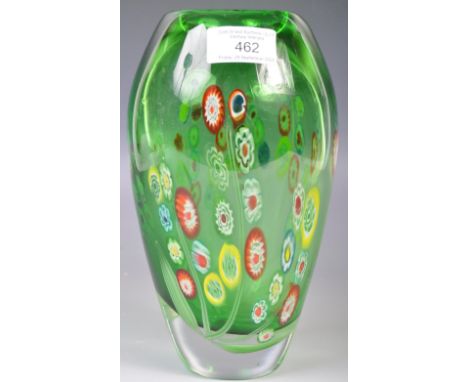 Murano - Millefiori - An original vintage retro 20th Century Italian Venetian studio art glass vase of lobed form in a green 