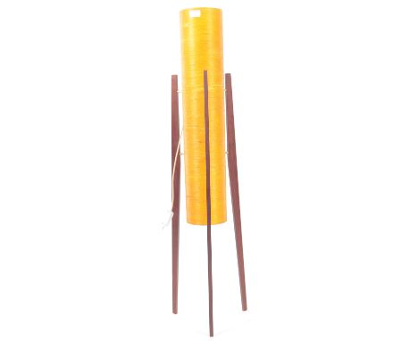 Rocket Lamp - A 1960's retro vintage teak wood and spun fibreglass floor standing lamp comprising of a double bulb fitted cen
