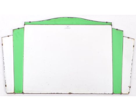 A vintage Art Deco style overmantle / wall mirror with green tinted columns of fan-shape. Curved top and bevelled edges. Meas