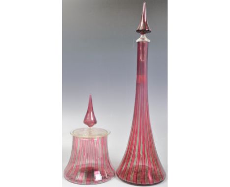 A retro vintage 1950s Italian studio art glass decanter and jar in the manner of Fratelli Toso for Murano. The decanter and j